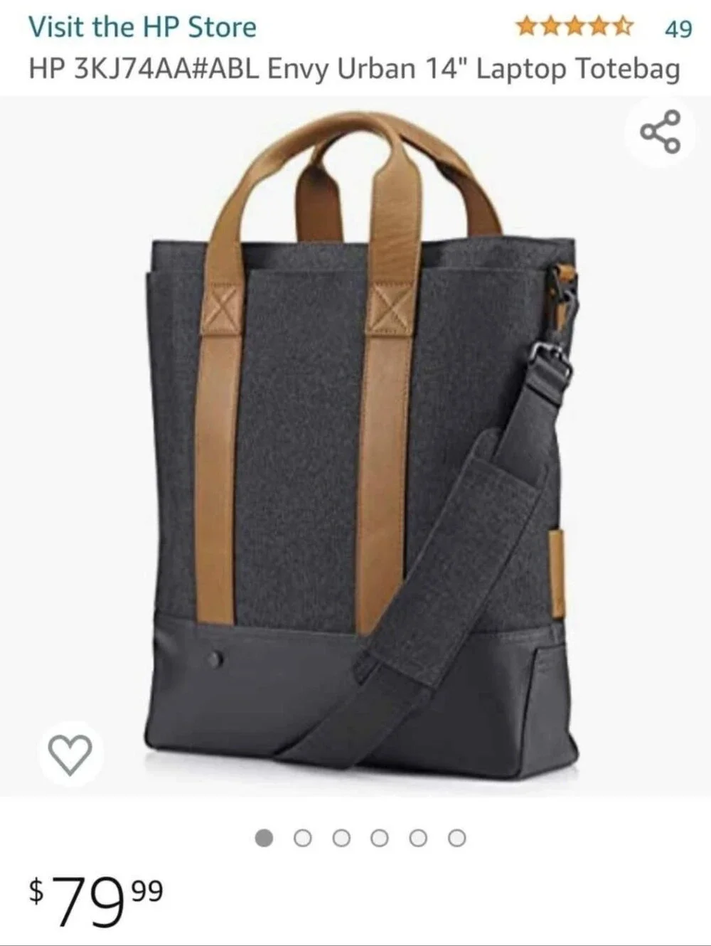 HP Envy Urban Laptop Tote Bag - Charcoal Gray with Tan Accents